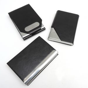 Porta tarjetas de cuero sintético y acero inoxidable elegante